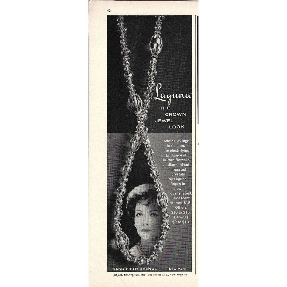 Laguna Crown Jewel Look Saks 5th Ave NYC Necklace 1950s Vintage Print Ad 9 inch